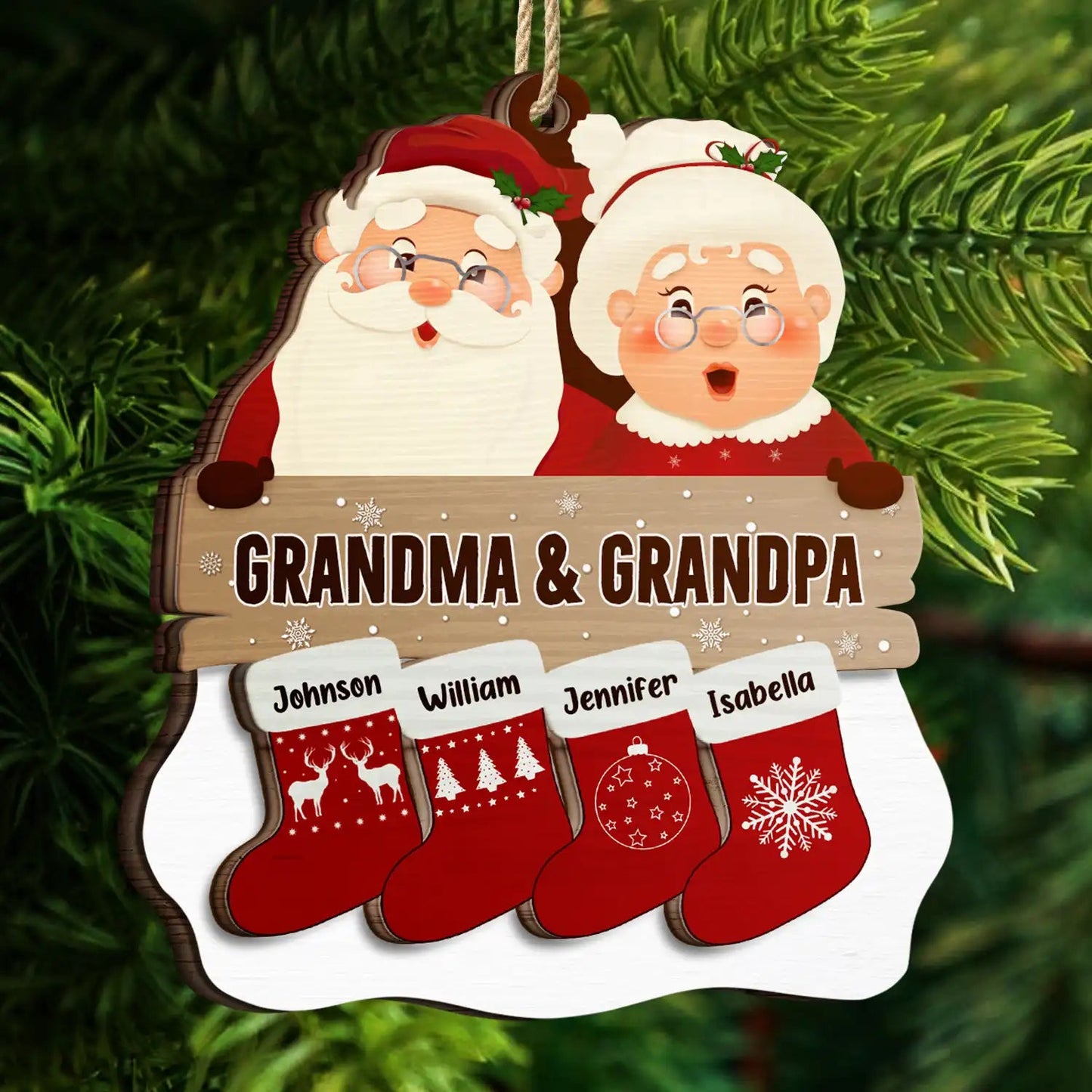 Santa Claus Mrs Claus Grandkids - Personalized 2-Layered Wooden Ornament