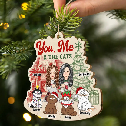 You, Me And The Cats - Personalized Custom Shaped Wooden Ornament