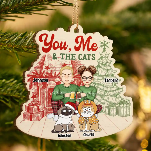 You, Me And The Cats - Personalized Custom Shaped Wooden Ornament