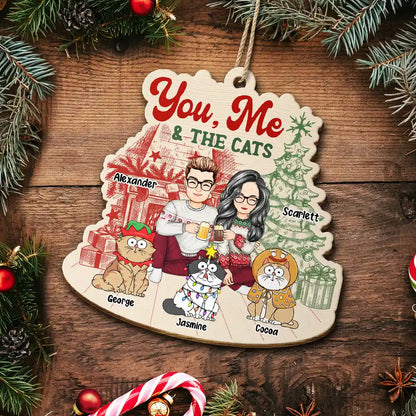 You, Me And The Cats - Personalized Custom Shaped Wooden Ornament