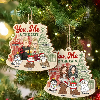 You, Me And The Cats - Personalized Custom Shaped Wooden Ornament