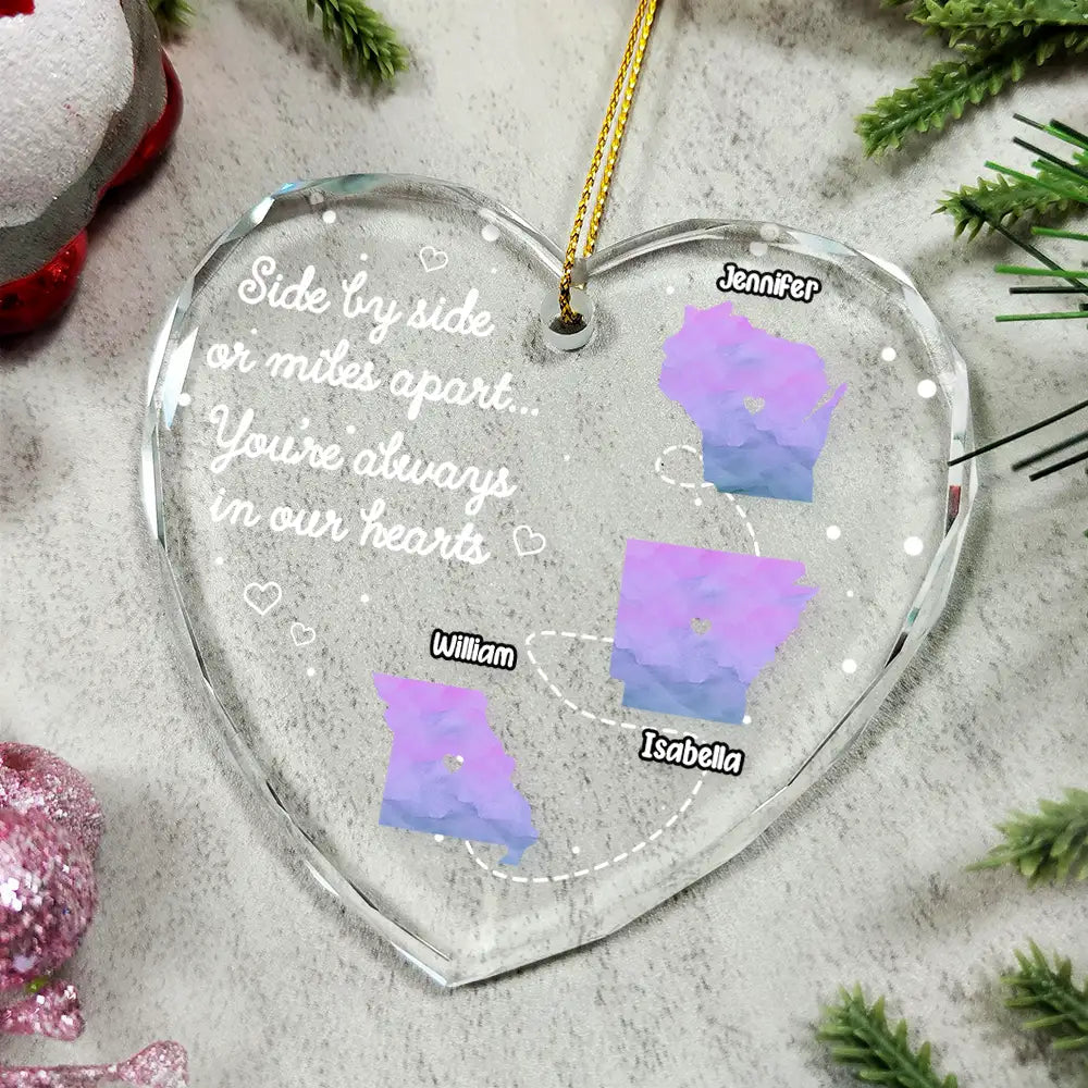 Side By Side Or Miles Apart Long Distance - Personalized Heart Shaped Acrylic Ornament