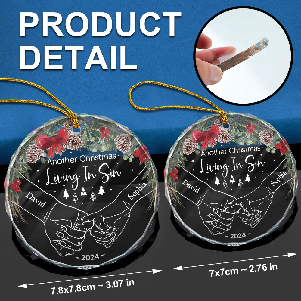 Gift For Couples - Christmas Couple Holding Hand Living In Sin - Personalized Circle Glass Ornament