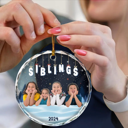 Custom Photo Family Friends Besties Sisters Sitting Together - Personalized Circle Glass Ornament