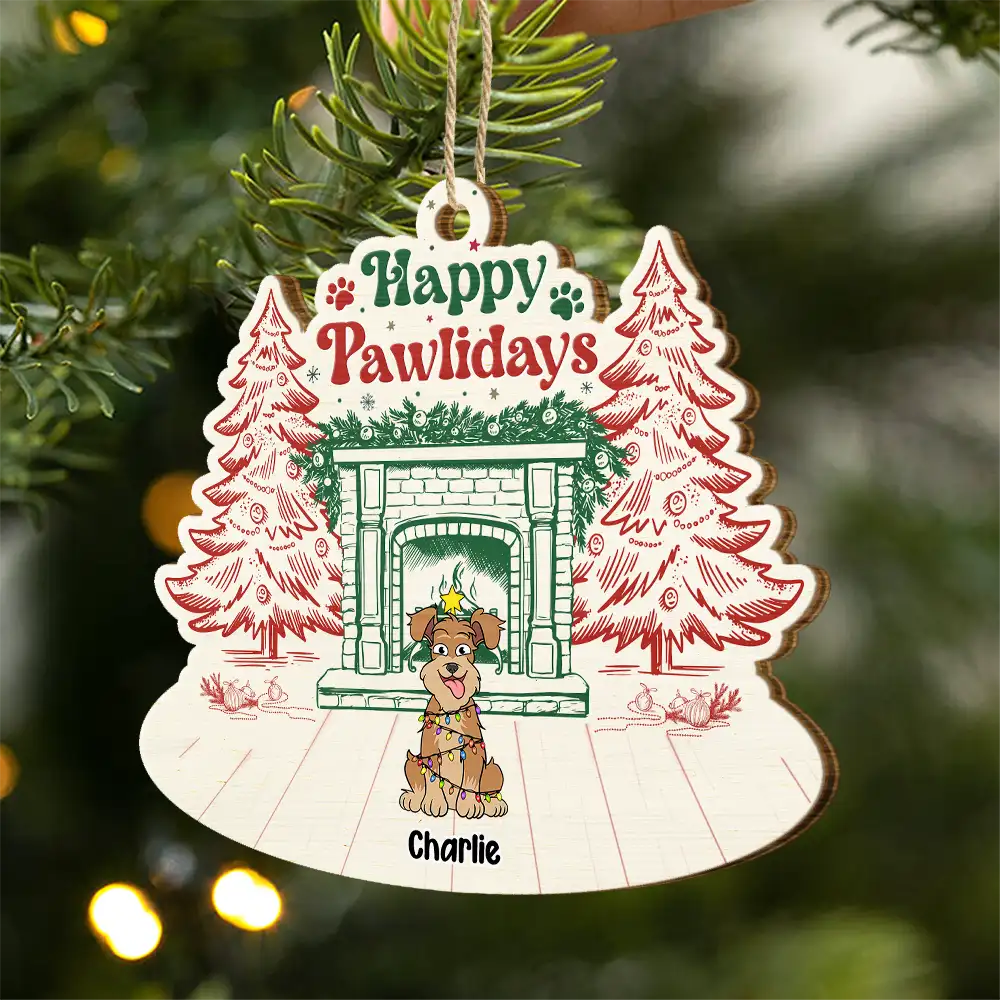 Happy Pawlidays Dog Cat - Personalized Custom Shaped Wooden Ornament