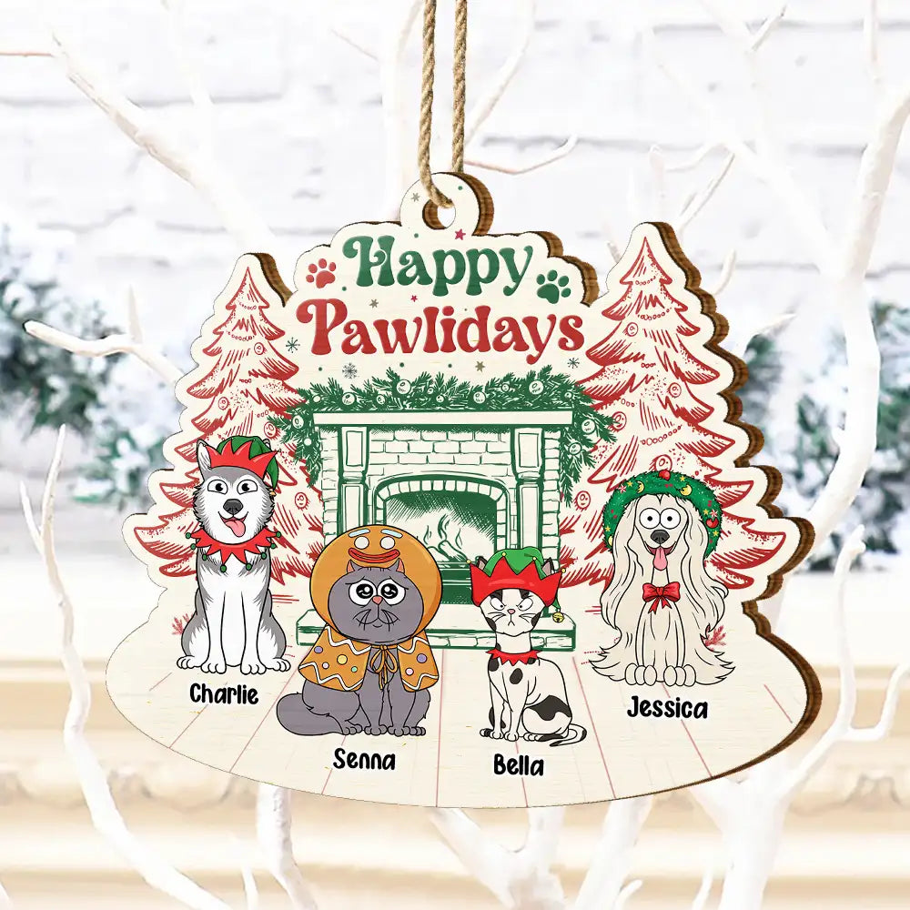 Happy Pawlidays Dog Cat - Personalized Custom Shaped Wooden Ornament