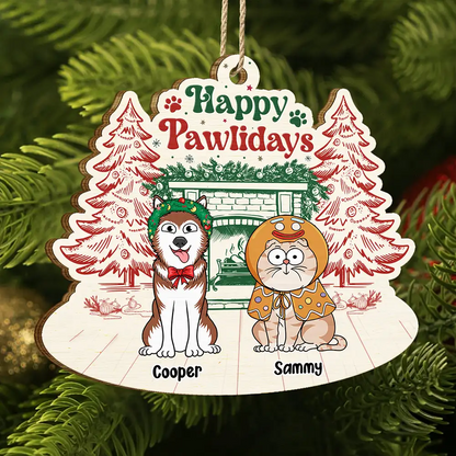 Happy Pawlidays Dog Cat - Personalized Custom Shaped Wooden Ornament