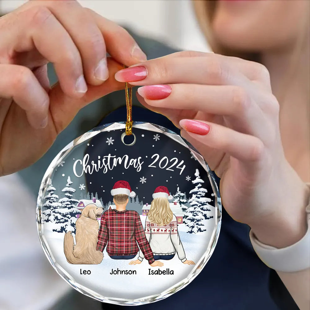 Couple & Pets Christmas 2024 - Personalized Circle Glass Ornament