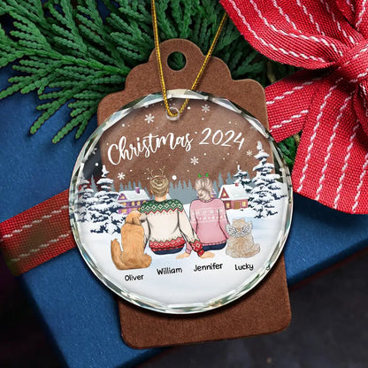 Couple & Pets Christmas 2024 - Personalized Circle Glass Ornament