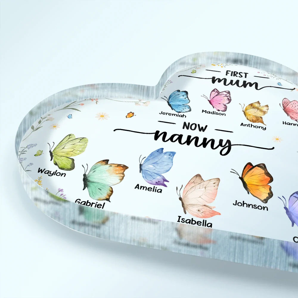 First Mom Now Grandma Butterfly - Personalized Heart Shaped Acrylic Plaque