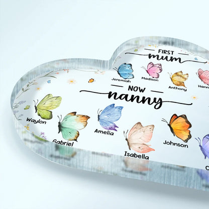 First Mom Now Grandma Butterfly - Personalized Heart Shaped Acrylic Plaque