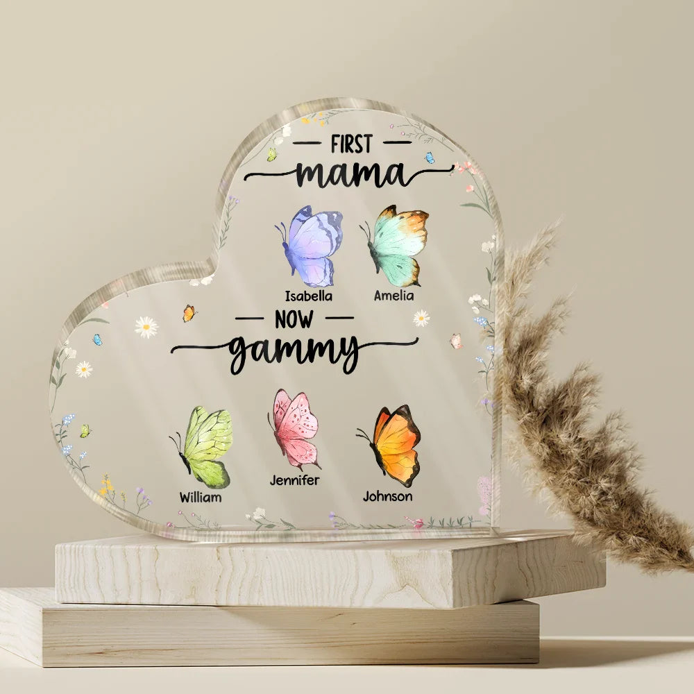 First Mom Now Grandma Butterfly - Personalized Heart Shaped Acrylic Plaque