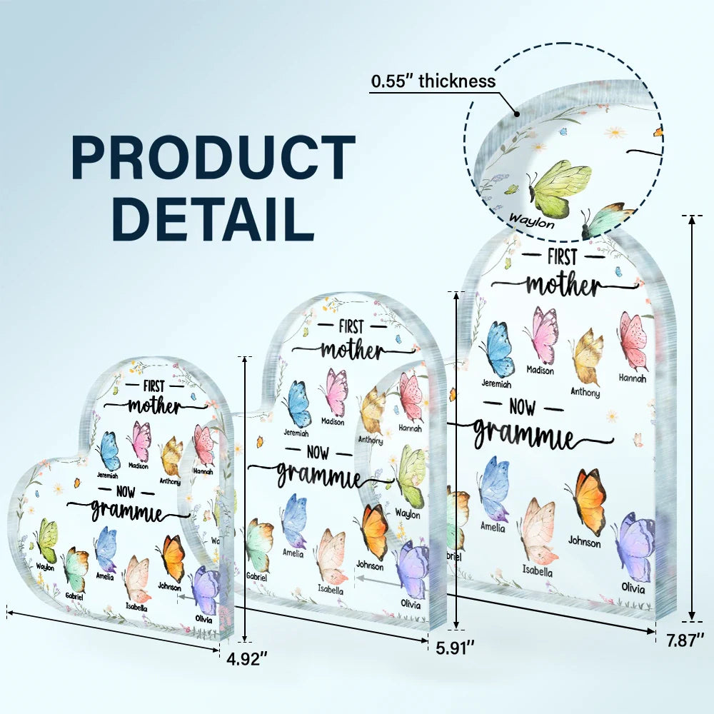 First Mom Now Grandma Butterfly - Personalized Heart Shaped Acrylic Plaque