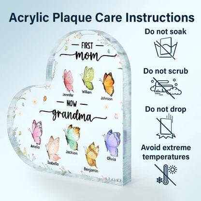 First Mom Now Grandma Butterfly - Personalized Heart Shaped Acrylic Plaque