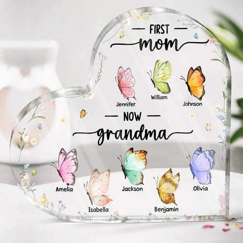 First Mom Now Grandma Butterfly - Personalized Heart Shaped Acrylic Plaque