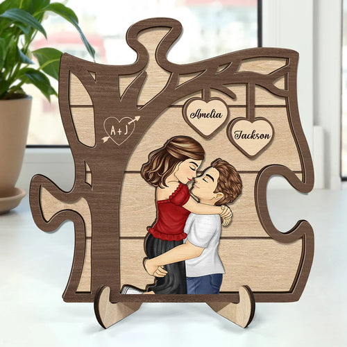 Couple Kissing Under The Tree - Personalized 2-Layered Wooden Plaque With Stand