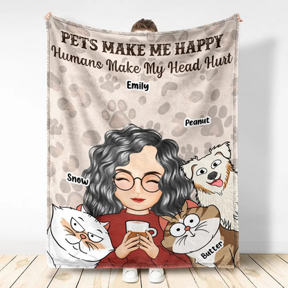 Pet Lovers Cats Make Me Happy Humans Make My Head Hurt - Personalized Fleece Blanket, Sherpa Blanket