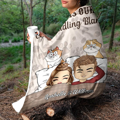 Our Cat Cuddling Blanket Chibi Couple - Personalized Fleece Blanket, Sherpa Blanket