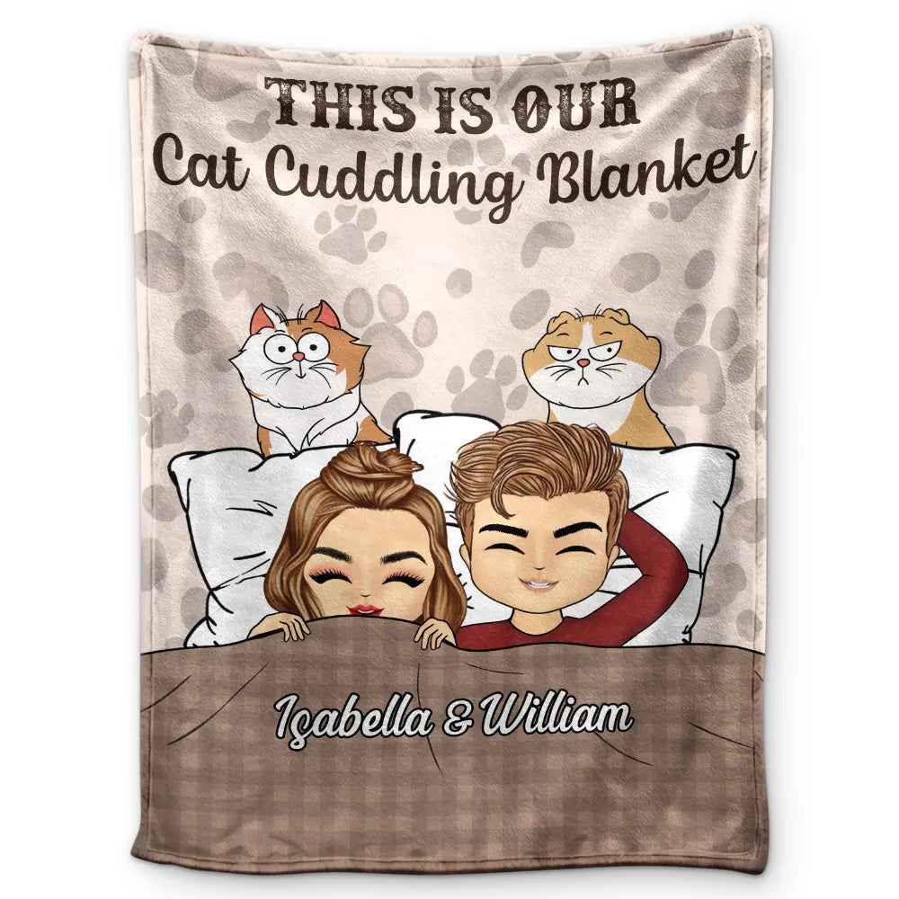 Our Cat Cuddling Blanket Chibi Couple - Personalized Fleece Blanket, Sherpa Blanket