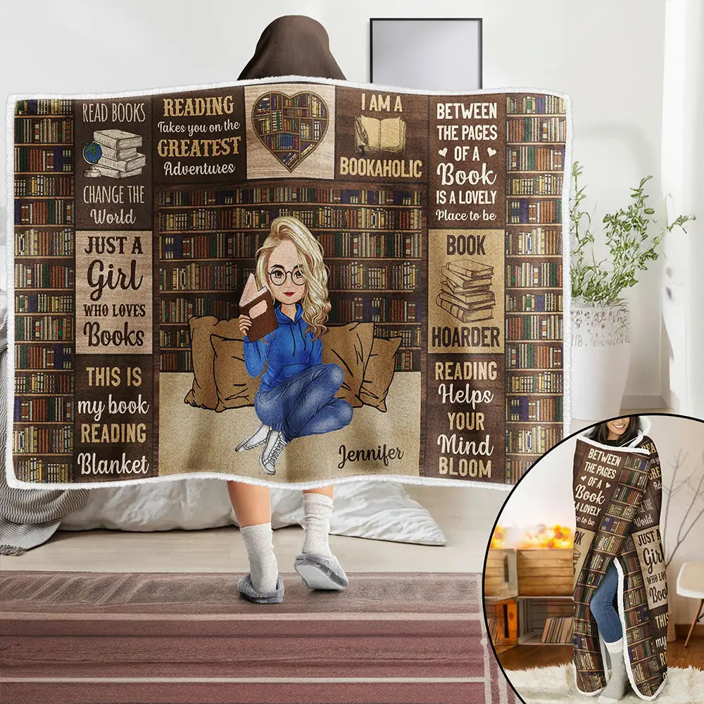 My Reading Blanket Just A Girl Who Loves Books - Personalized Wearable Hooded Blanket