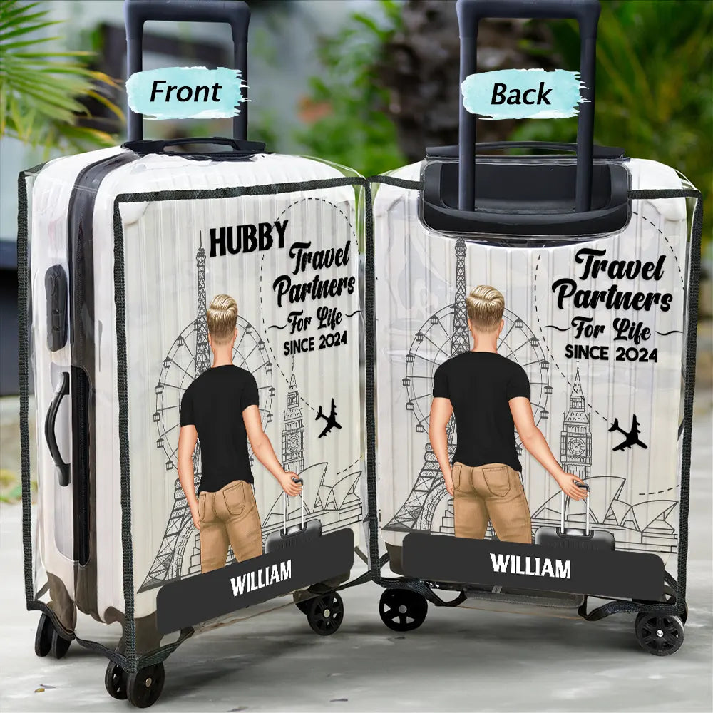 Traveling Couple Hubby & Wifey Travel Partners For Life - Personalized Combo 2 Clear Luggage Covers