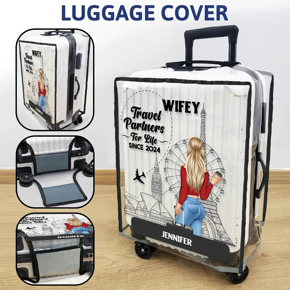 Traveling Couple Hubby & Wifey Travel Partners For Life - Personalized Combo 2 Clear Luggage Covers