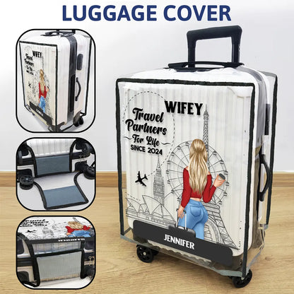 Traveling Couple Hubby & Wifey Travel Partners For Life - Personalized Combo 2 Clear Luggage Covers