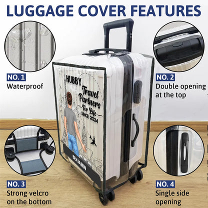 Traveling Couple Hubby & Wifey Travel Partners For Life - Personalized Combo 2 Clear Luggage Covers