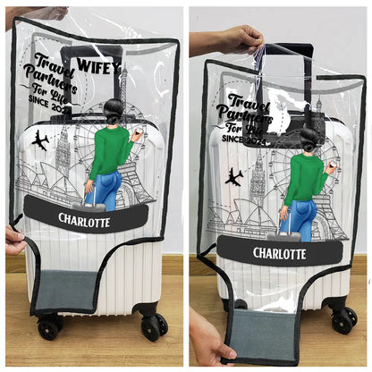 Traveling Couple Hubby & Wifey Travel Partners For Life - Personalized Combo 2 Clear Luggage Covers