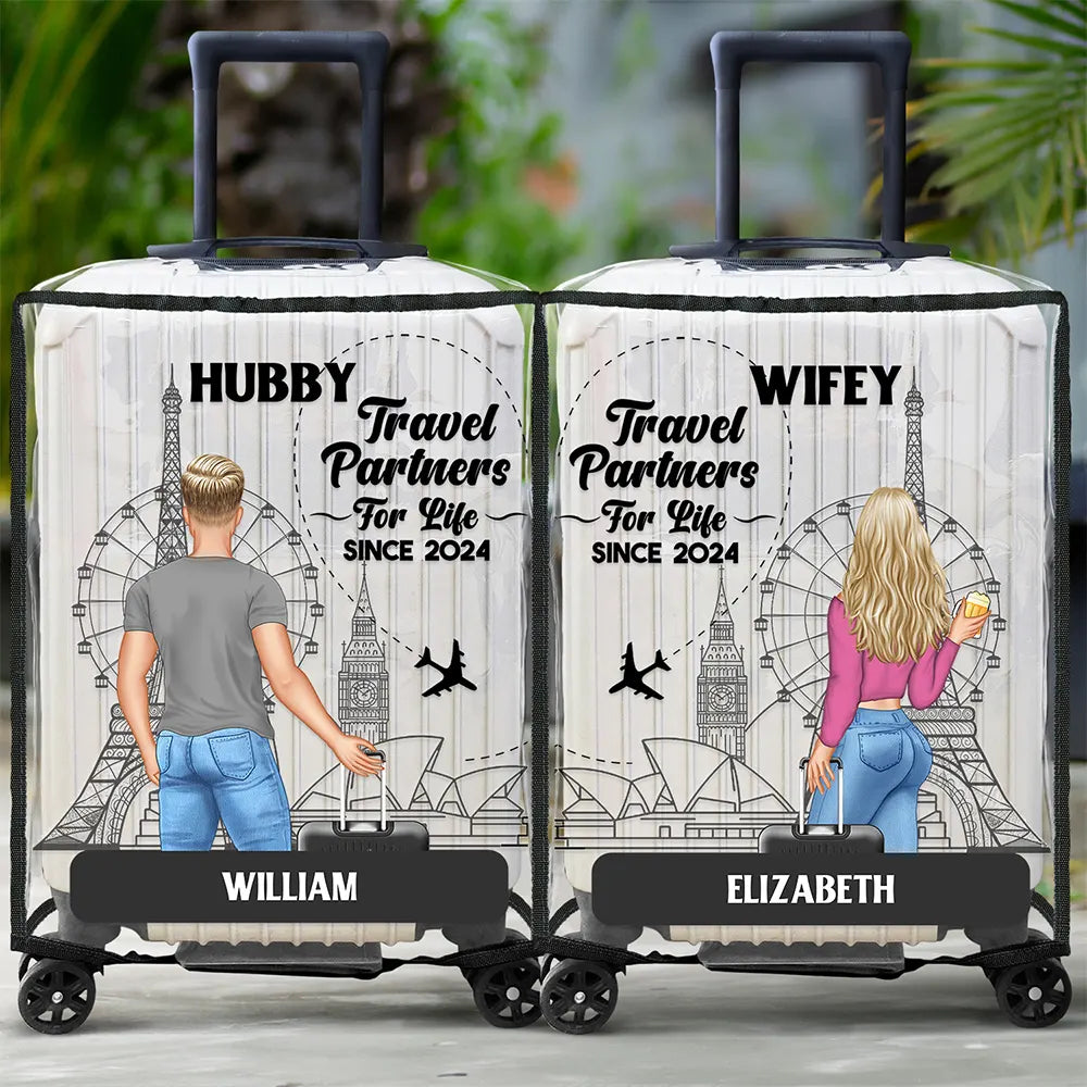 Traveling Couple Hubby & Wifey Travel Partners For Life - Personalized Combo 2 Clear Luggage Covers