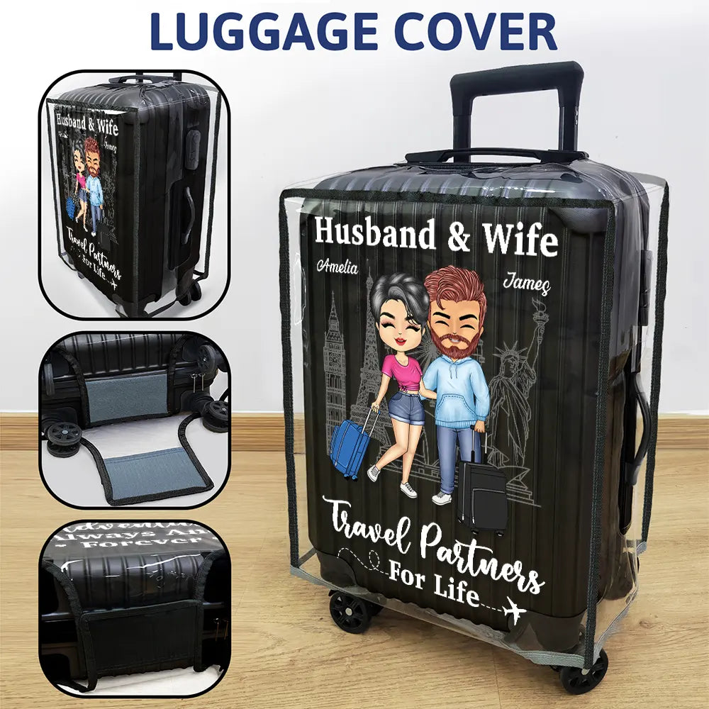 Couple Husband & Wife Travel Partners For Life - Personalized Clear Luggage Cover