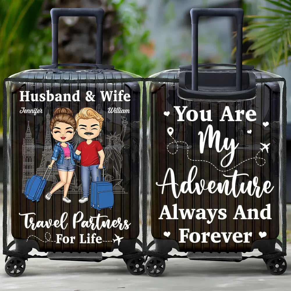 Couple Husband & Wife Travel Partners For Life - Personalized Clear Luggage Cover