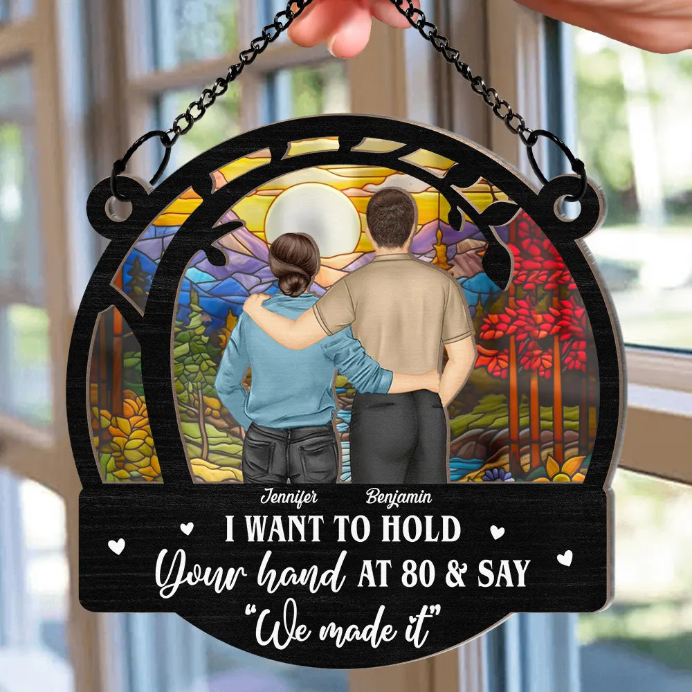 Couple Hold Your Hand At 80 - Personalized Window Hanging Suncatcher Ornament