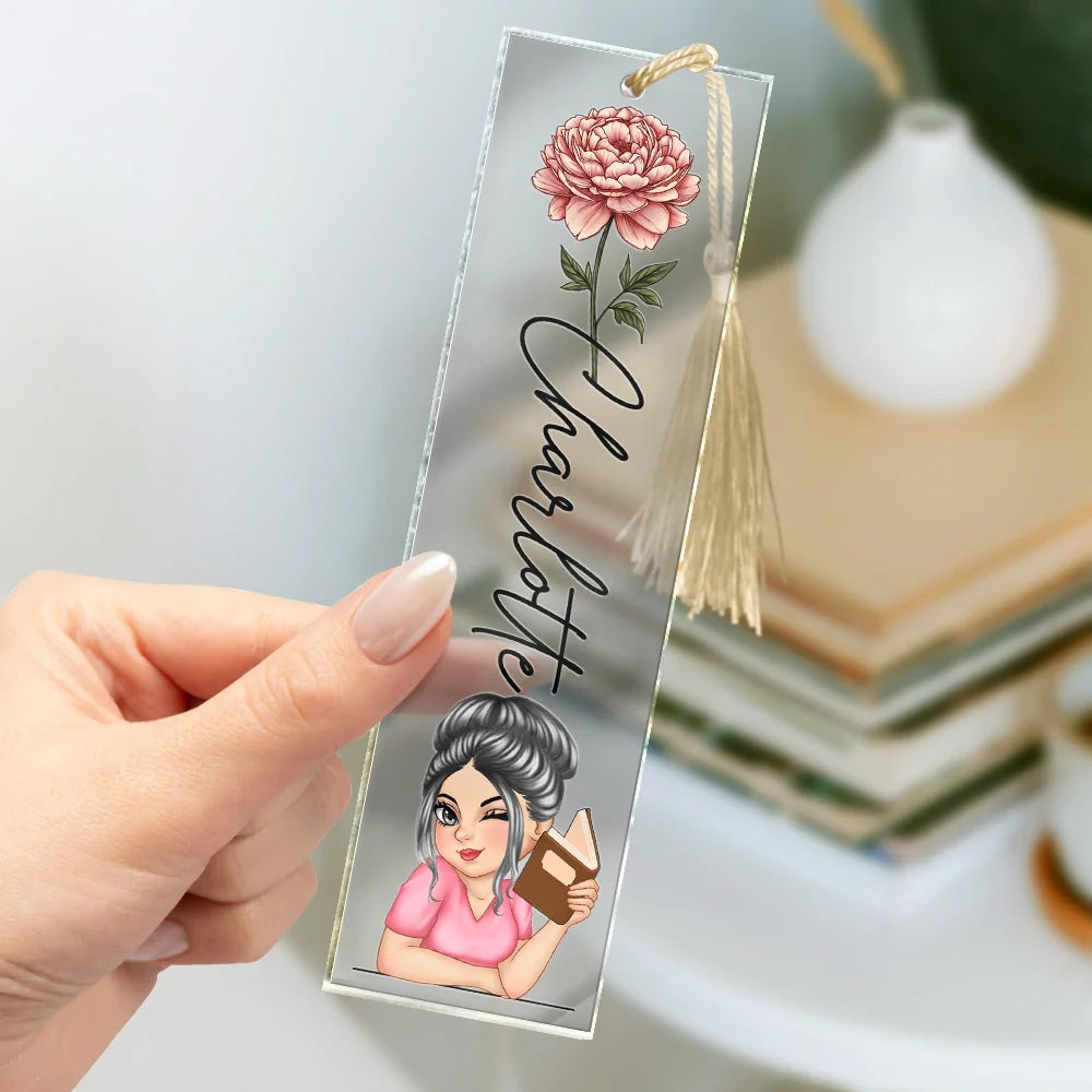 Birth Month Flower Reading Girl - Personalized Acrylic Bookmark