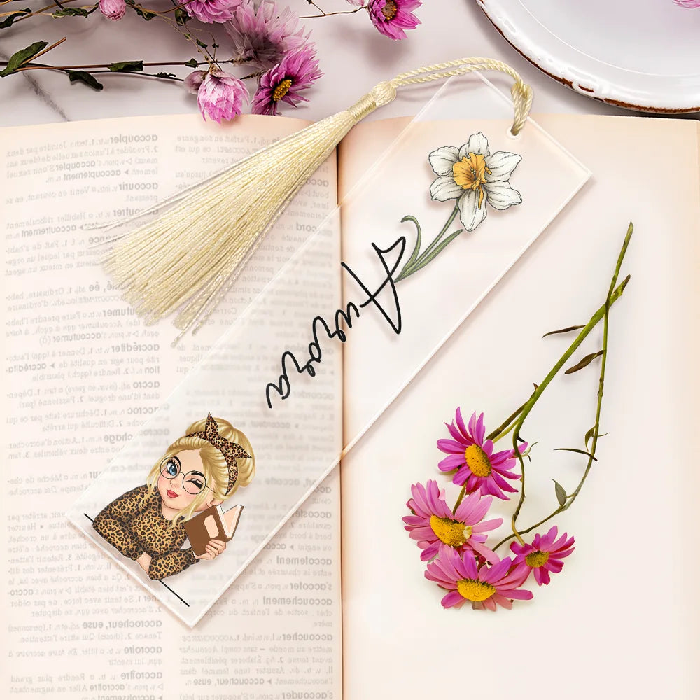 Birth Month Flower Reading Girl - Personalized Acrylic Bookmark