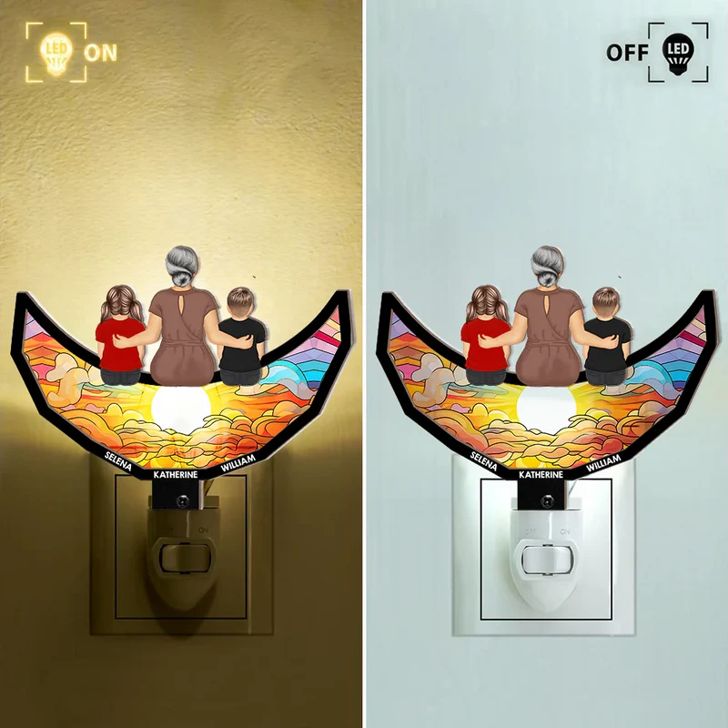 Grandma Mom And Children Sitting On The Moon - Personalized Plug-in Night Light