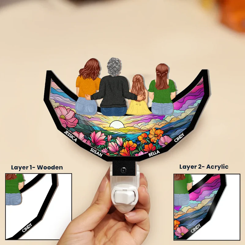 Grandma Mom And Children Sitting On The Moon - Personalized Plug-in Night Light