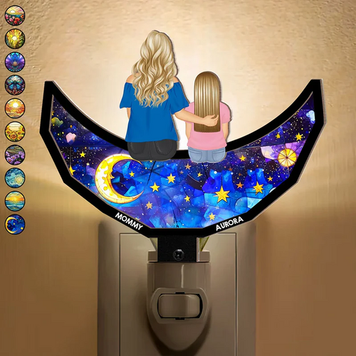 Grandma Mom And Children Sitting On The Moon - Personalized Plug-in Night Light