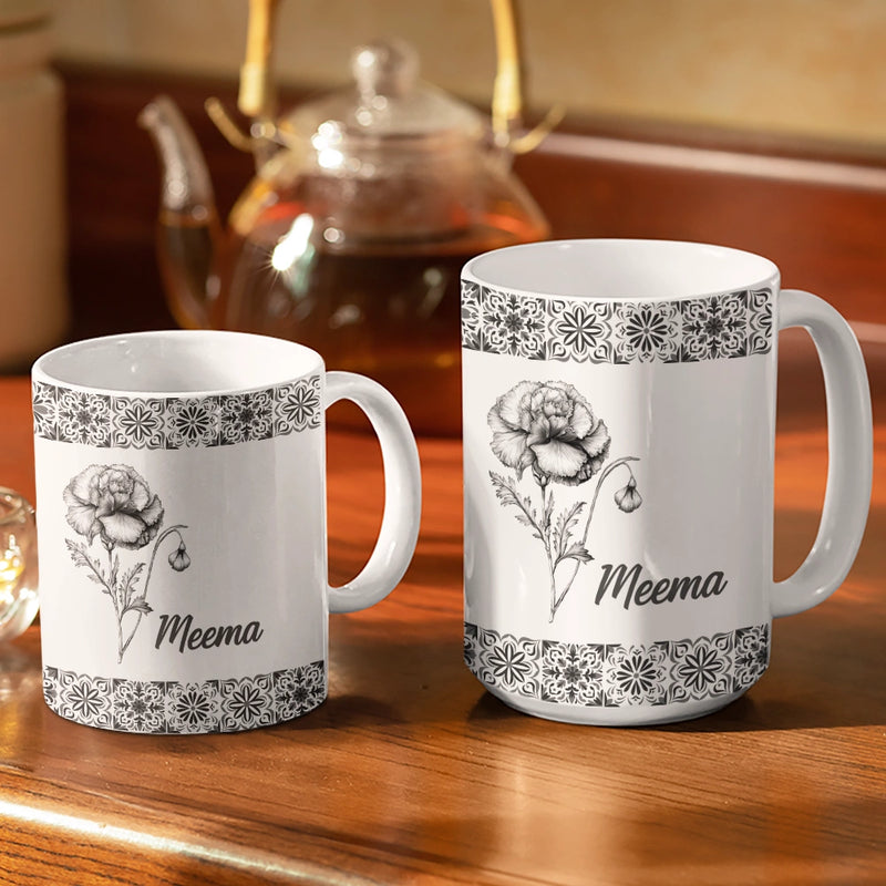 Mediterranean Pattern With Birth Month Flower - Personalized White Edge-to-Edge Mug