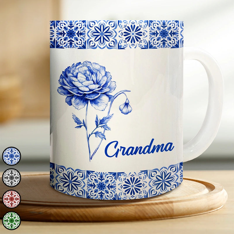 Mediterranean Pattern With Birth Month Flower - Personalized White Edge-to-Edge Mug