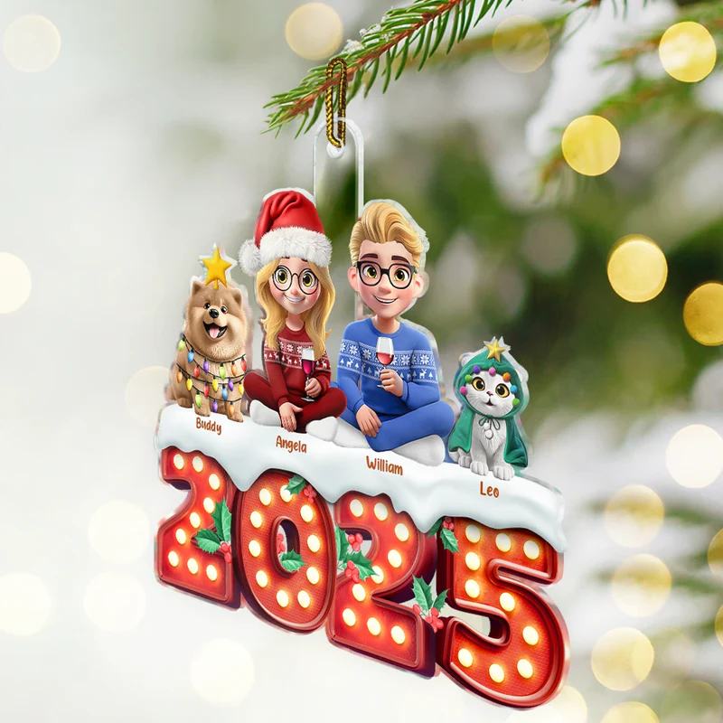 Christmas Family Dogs & Cats Sitting Marquee Effect - Personalized Custom Shaped Acrylic Ornament
