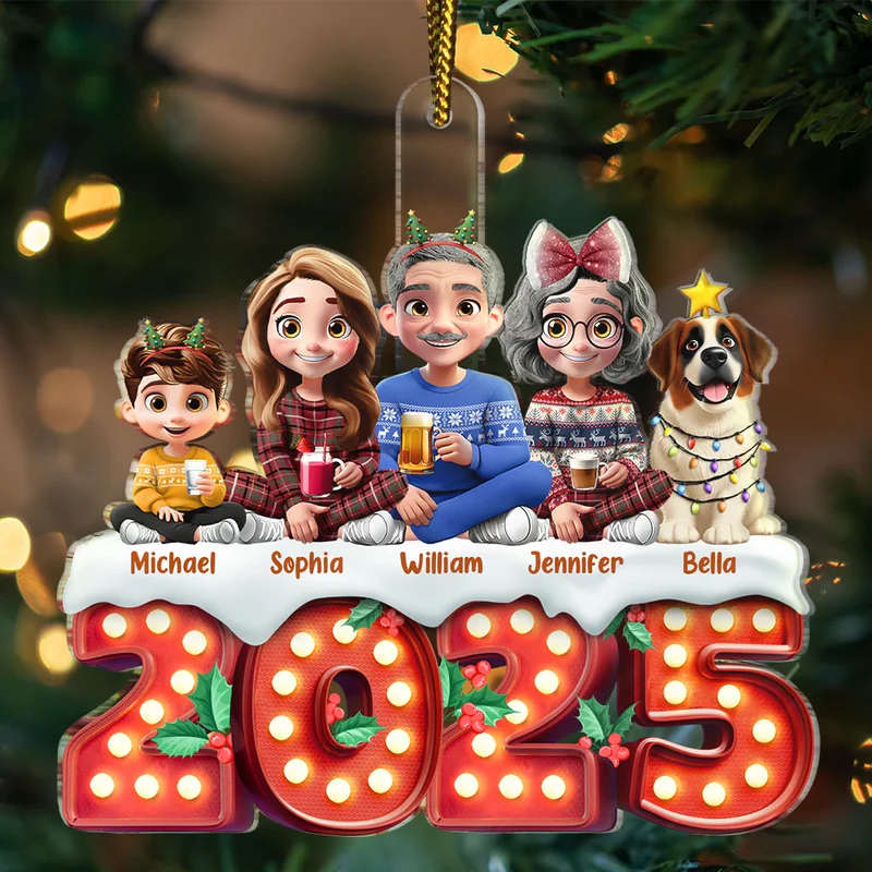 Christmas Family Dogs & Cats Sitting Marquee Effect - Personalized Custom Shaped Acrylic Ornament