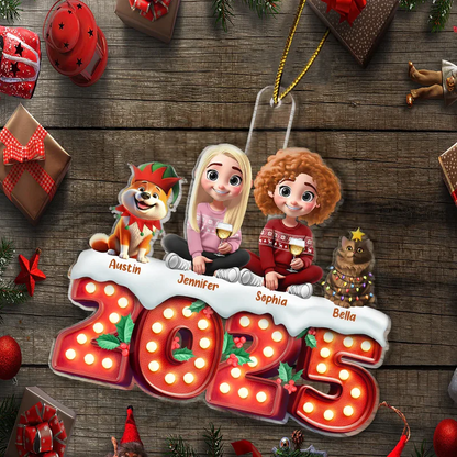 Christmas Family Dogs & Cats Sitting Marquee Effect - Personalized Custom Shaped Acrylic Ornament