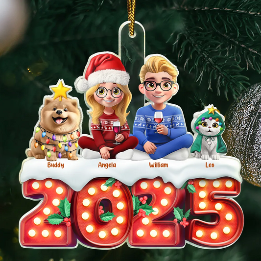 Christmas Family Dogs & Cats Sitting Marquee Effect - Personalized Custom Shaped Acrylic Ornament
