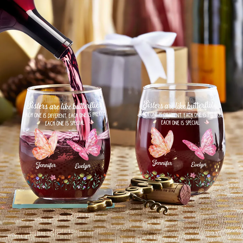 Sisters Are Like Butterflies Each One Is Beautiful - Personalized Stemless Wine Glass