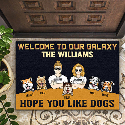 Dog Lover Couple Welcome To Our Galaxy - Personalized Custom Doormat