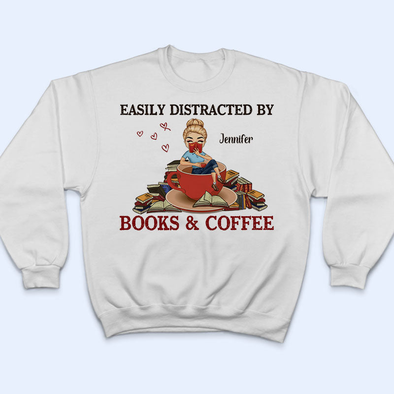 Chibi Girl Easily Distracted By Books & Coffee - Personalized Custom T Shirt