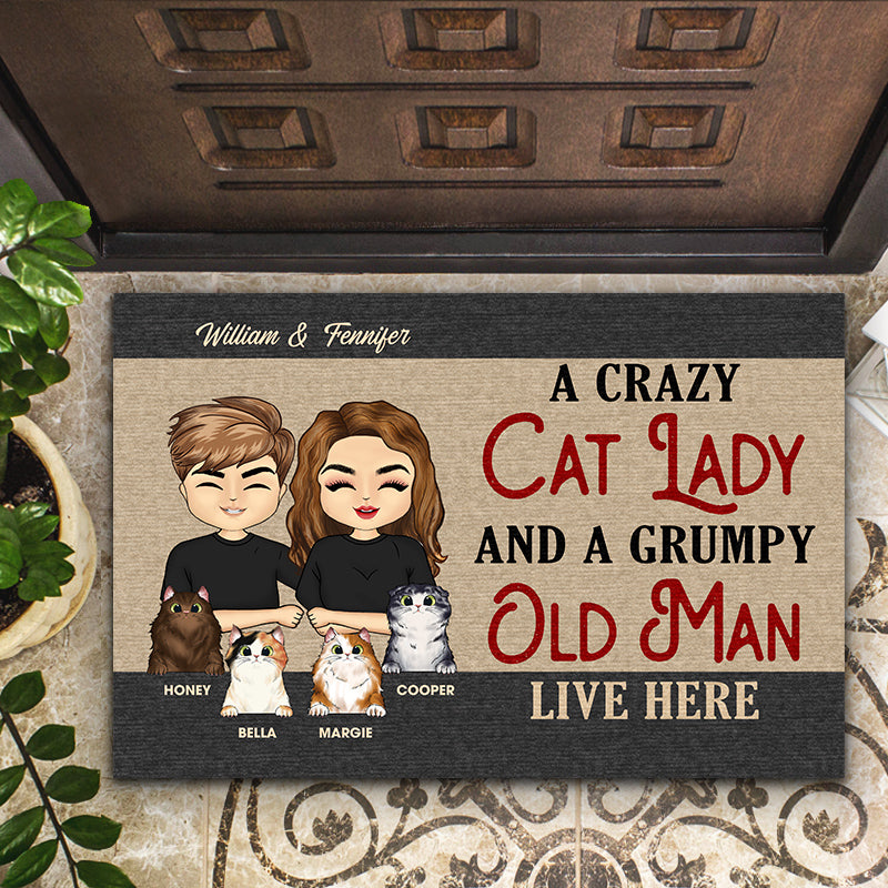 Chibi Couple Crazy Cat Lady And A Grumpy Old Man - Couple Gift - Personalized Custom Doormat