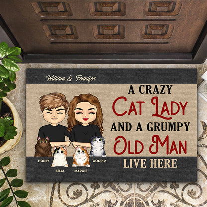 Chibi Couple Crazy Cat Lady And A Grumpy Old Man - Couple Gift - Personalized Custom Doormat
