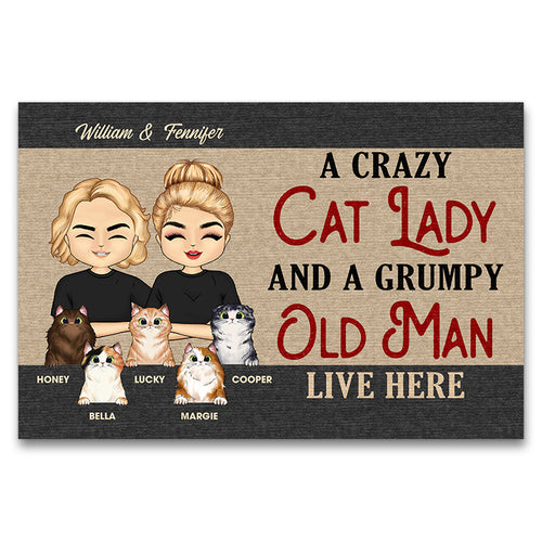Chibi Couple Crazy Cat Lady And A Grumpy Old Man - Couple Gift - Personalized Custom Doormat